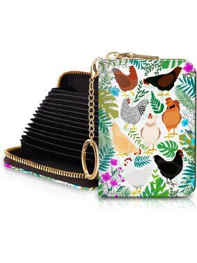 Women Chicken RFID Credit Card Holder Bird Keychain Travel Zipper Wallet